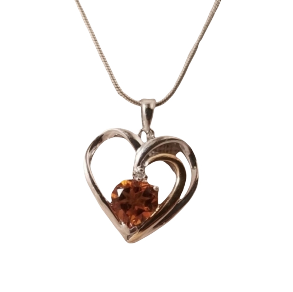 925/ 14K Heart Pendant with Amber Color Accent Stone Marked LC on 925 21" Chain